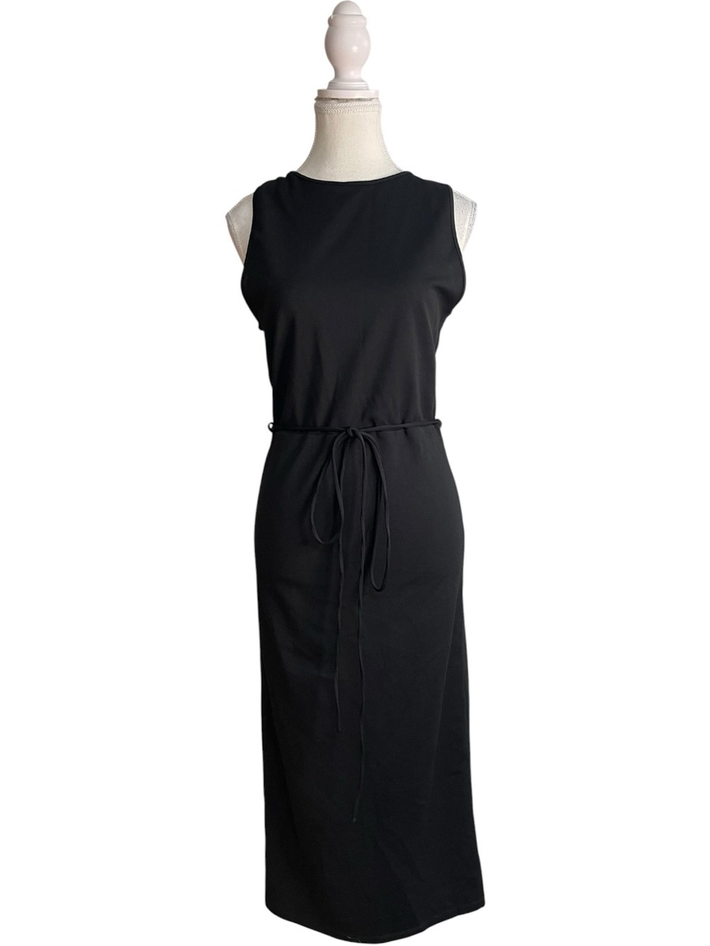 Zara Contrasting Mesh Back Sleeveless Midi Dress with Waist Tie Black